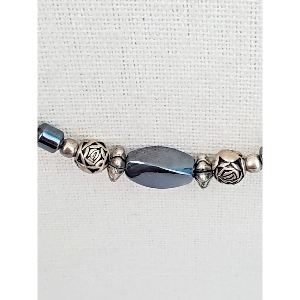 Vintage Hematite Necklace Liquid Silver Tube Beads Black Rose Spacers Lobster...